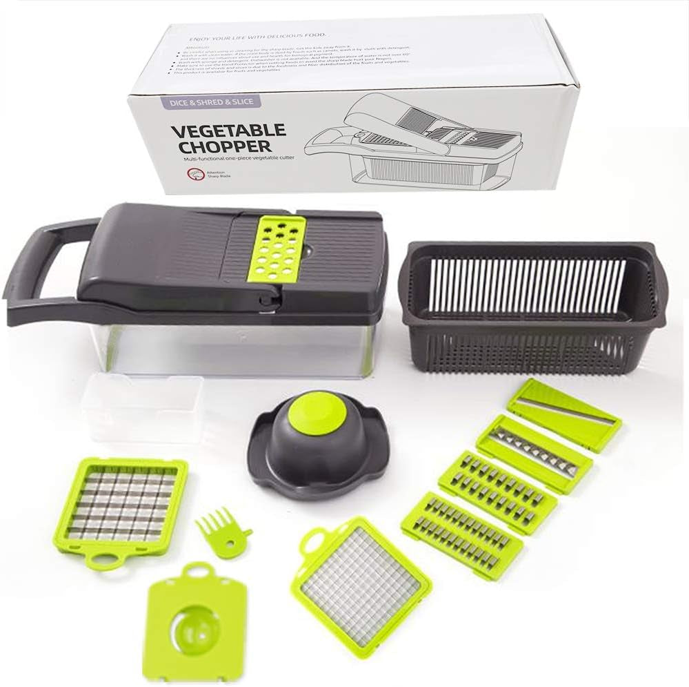 Vegetable Chopper Mandoline Slicer Cutter and Grater 11 in 1 Vegetable Slicer Potato Onion Veggie Chopper Dicer with Container Gray